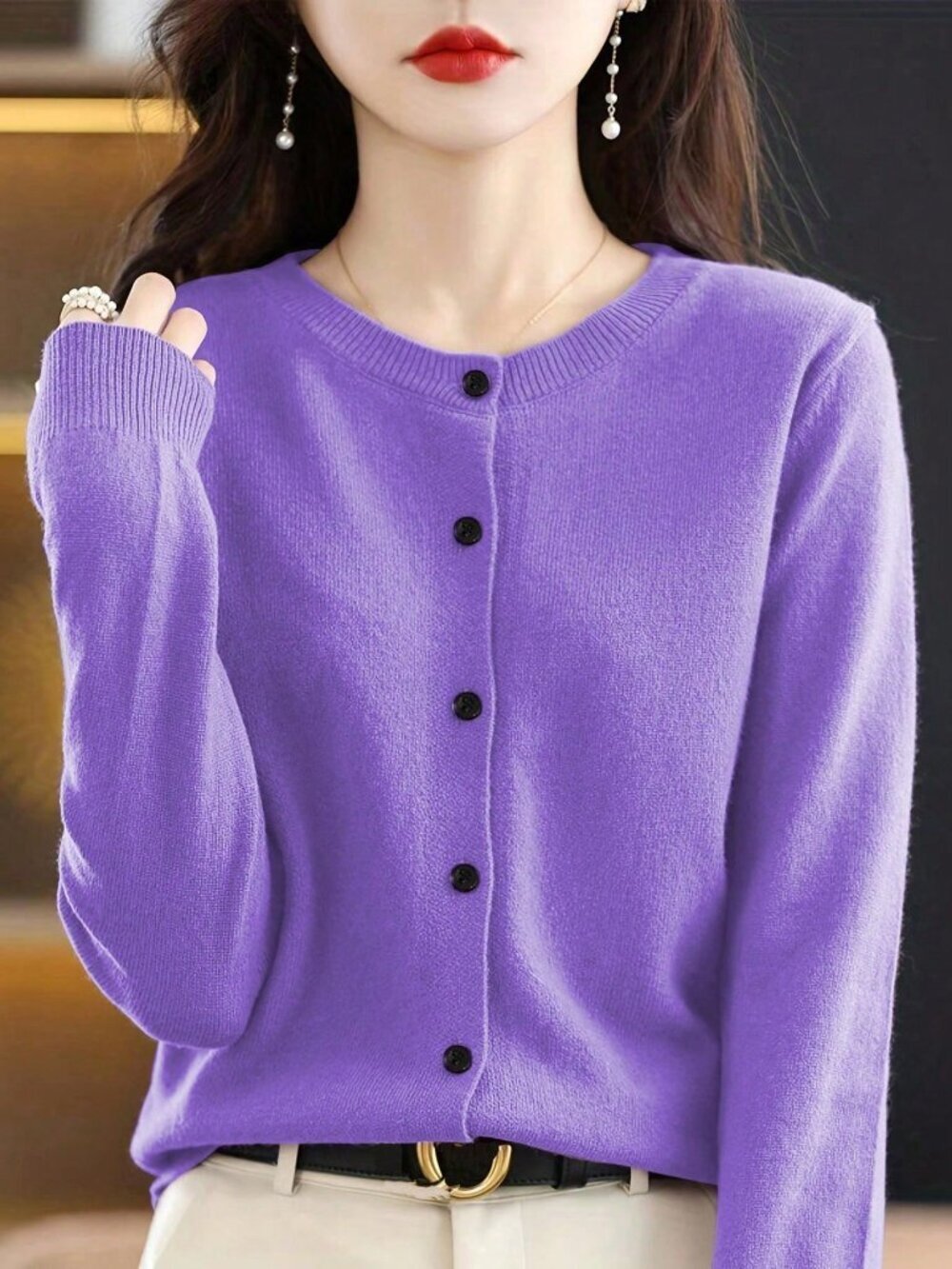 Purple Casual Women's Round Neck Cardigan